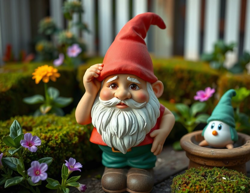 Verwirrt aussehender Gartenzwerg in einem grünen Garten, symbolisiert einen Fehler im nachhaltigen Garten