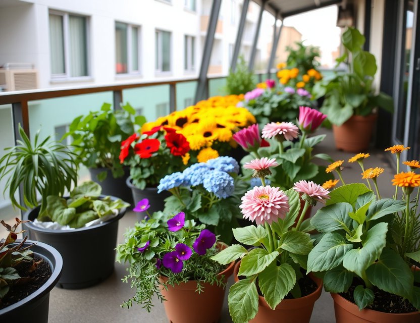 Vibranter Balkongarten mit Blumen und Kräutern