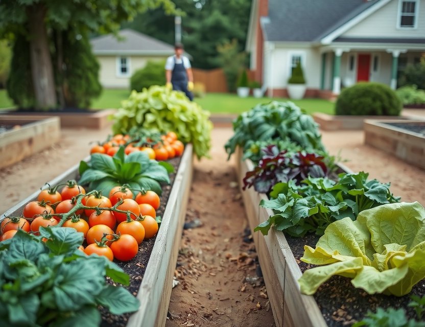 Lustiger Gemüsegarten mit Tomaten und Salat