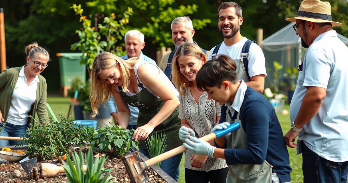 Diverse Menschen gärtnern gemeinsam in einem sonnigen Community-Garten, glücklich interagierend