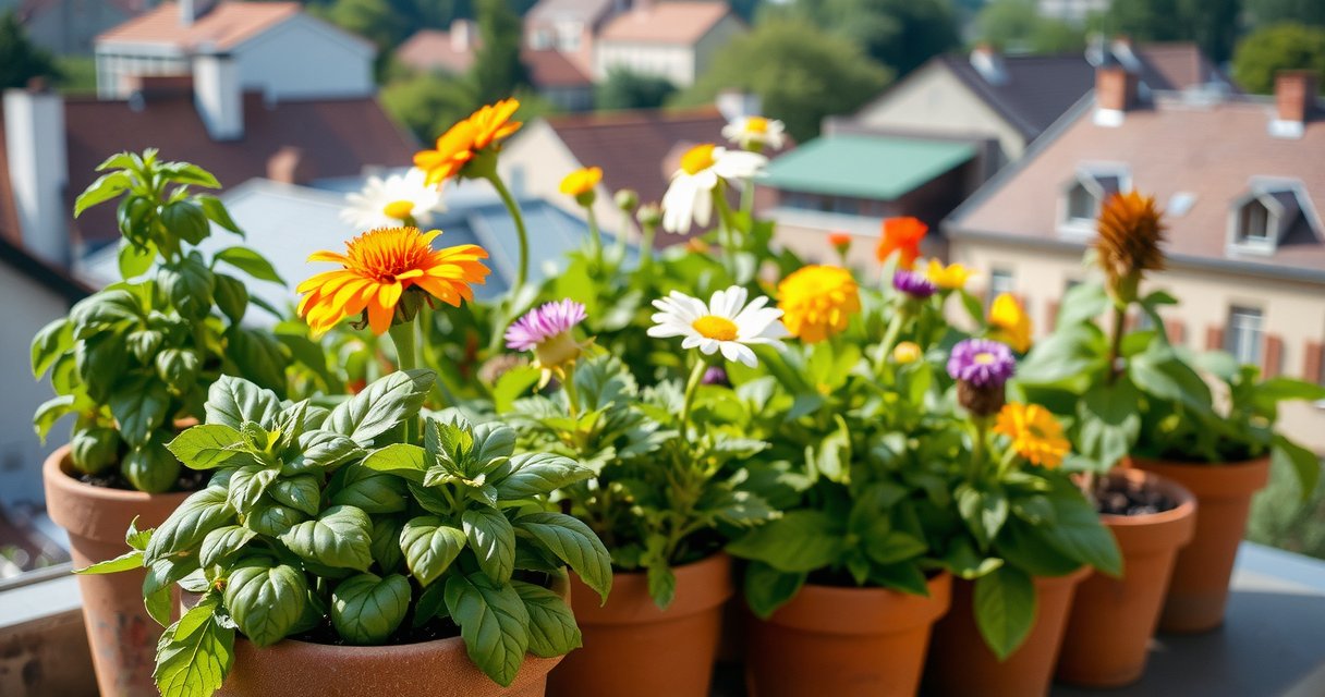 Vibranter Balkongarten in München mit Kräutern und Blumen